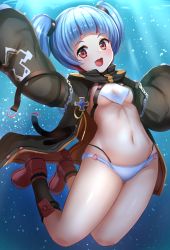 Rule 34 | 1girl, :d, air bubble, azur lane, bikini, black coat, black socks, blue hair, blunt bangs, blush, breasts, bubble, cleavage, coat, commentary request, cross, full body, groin, hair ornament, iron cross, jacket, light rays, long sleeves, looking at viewer, manda (manda9n), midriff, multi-strapped bikini, multicolored hair, navel, open clothes, open coat, open mouth, red eyes, red footwear, red hair, rudder footwear, short hair, short twintails, sidelocks, small breasts, smile, socks, solo, stomach, swimsuit, teeth, twintails, u-556 (azur lane), underboob, underwater, upper teeth only, white bikini, wide sleeves