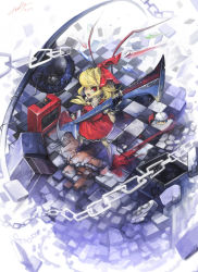 Rule 34 | 1girl, bat wings, blonde hair, blue hair, chain, character doll, checkered floor, crack, female focus, flandre scarlet, floating, floating object, foreshortening, gua, guitar, hat, highres, instrument, perspective, ponytail, red eyes, remilia scarlet, short hair, side ponytail, solo, touhou, wings