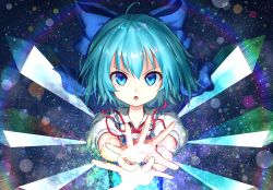 Rule 34 | 1girl, blue bow, blue eyes, blue hair, bow, cirno, collarbone, collared shirt, crystal, hair bow, highres, lens flare, lens flare abuse, looking at viewer, own hands together, parted lips, puffy short sleeves, puffy sleeves, red ribbon, ribbon, shirt, short hair, short sleeves, solo, teraguchi, touhou, upper body, white shirt, wings