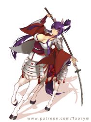 Rule 34 | 1girl, animal ears, armor, breasts, centaur, cleavage, holding, holding weapon, horse ears, japanese clothes, kimono, long hair, looking at viewer, monster girl, pathfinder, polearm, ponytail, purple hair, red eyes, solo, tail, taosym, taur, very long hair, watermark, weapon, web address