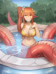 Rule 34 | 10s, 1girl, absurdres, bare shoulders, bikini, bikini top only, breasts, bush, cleavage, collarbone, commission, day, grass, hair between eyes, hair ornament, hairclip, hand on own chest, highres, jewelry, lamia, long hair, looking at viewer, medium breasts, miia (monster musume), monster girl, monster musume no iru nichijou, navel, orange hair, outdoors, partially submerged, pointy ears, revision, ring, scales, side ponytail, smile, solo, sookmo, swimsuit, wading pool, water, water drop, wedding band, yellow bikini, yellow eyes