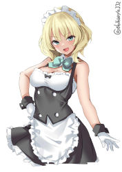 Rule 34 | 1girl, adapted costume, alternate costume, apron, black dress, blonde hair, blue eyes, blush, braid, breasts, cleavage, colorado (kancolle), cowboy shot, detached collar, dress, ebifurya, enmaided, frilled apron, frilled dress, frills, gloves, green ribbon, hair between eyes, highres, kantai collection, looking at viewer, maid, maid apron, maid headdress, medium breasts, neck ribbon, open mouth, ribbon, short hair, side braids, simple background, smile, solo, twitter username, waist apron, white apron, white background, white gloves