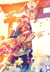 Rule 34 | &gt;:d, 1girl, :d, bare shoulders, blonde hair, blurry, cherry blossom print, confetti, depth of field, evening, fang, floral print, flower, fox mask, goma (11zihisin), hachimaki, headband, japanese clothes, jpeg artifacts, kimono, kimono pull, kouhaku nawa, lily (flower), long hair, long sleeves, looking at viewer, male focus, mask, obi, open mouth, original, outdoors, pointing, purple eyes, red kimono, sash, shimenawa, smile, solo, torii, v-shaped eyebrows, wide sleeves