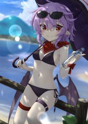 Rule 34 | 1girl, akisome hatsuka, bandana, bat wings, bikini, black bikini, blurry, blurry background, bottle, breasts, cleavage, closed mouth, eyewear on head, holding, holding bottle, holding umbrella, light particles, looking at viewer, medium breasts, mountain, navel, outdoors, pointy ears, purple hair, purple umbrella, red bandana, red eyes, remilia scarlet, short hair, sitting, smile, solo, sunglasses, swimsuit, thigh strap, touhou, umbrella, wings