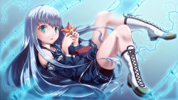 Rule 34 | 10s, 1girl, aoki hagane no arpeggio, bike shorts, blue hair, blue skirt, blunt bangs, boots, cross-laced footwear, detached sleeves, green eyes, hime cut, iona (aoki hagane no arpeggio), lace-up boots, long hair, necktie, open mouth, pleated skirt, red necktie, sailor collar, silver hair, skirt, solo, starfish, wallpaper, white footwear, xfate