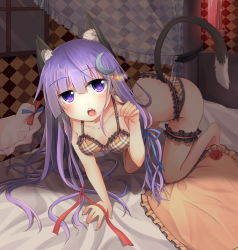 Rule 34 | 1girl, all fours, animal ears, bad anatomy, bed, blush, bra, canopy bed, cat ears, cat girl, cat tail, collarbone, crescent, crescent hair ornament, fang, female focus, frilled panties, frills, hair ornament, hat, indoors, lace, lace-trimmed panties, lace trim, bridal garter, lingerie, long hair, looking at viewer, open \m/, open mouth, oruto (ort+), oruton, panties, patchouli knowledge, paw pose, pillow, plaid, purple eyes, purple hair, solo, tail, touhou, underwear, underwear only
