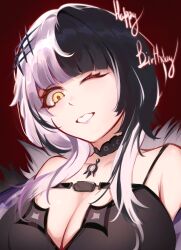 Rule 34 | 1girl, absurdres, black choker, black hair, breasts, choker, cleavage, grey hair, hair ornament, highres, hololive, hololive english, large breasts, looking at viewer, medium hair, multicolored hair, one eye closed, open mouth, shiori novella, shiori novella (1st costume), solo, split-color hair, two-tone hair, upper body, vessel4rt, virtual youtuber, yellow eyes