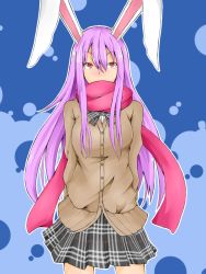 Rule 34 | 1girl, alternate costume, animal ears, arms behind back, blush, bowtie, brown jacket, covered mouth, cowboy shot, ishimu, jacket, long hair, long sleeves, looking at viewer, nose blush, plaid, plaid bow, plaid bowtie, plaid neckwear, plaid skirt, pleated skirt, purple hair, rabbit ears, red eyes, red scarf, reisen udongein inaba, scarf, sidelocks, skirt, solo, touhou