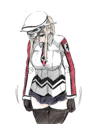 Rule 34 | 10s, 1girl, anchor, black gloves, black necktie, black pantyhose, black ribbon, blonde hair, blue eyes, blue skirt, blush, breasts, capelet, clothes pull, collar, covered navel, cowboy shot, cross, female focus, gloves, graf zeppelin (kancolle), hair between eyes, hat, henshako, iron cross, kantai collection, large breasts, long sleeves, looking down, looking to the side, military, military uniform, miniskirt, necktie, pantyhose, pantyhose pull, parted lips, peaked cap, pleated skirt, ribbon, short hair with long locks, sidelocks, simple background, skirt, solo, standing, thigh gap, thighs, twintails, undressing, uniform, white background