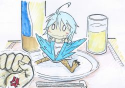 Rule 34 | 10s, 1girl, ahoge, anger vein, blank eyes, blue hair, blue wings, chopsticks, dress, feathered wings, harpy, mini person, minigirl, monster girl, monster musume no iru nichijou, papi (monster musume), plate, sakamoto fez, simple background, sitting, sitting on object, sketch, solo focus, sweatdrop, talons, traditional media, trembling, white dress, winged arms, wings
