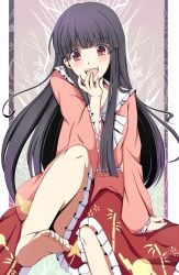 Rule 34 | 1girl, arm support, barefoot, black hair, blush, feet, female focus, foot focus, hand to own mouth, houraisan kaguya, long hair, open mouth, red eyes, revision, sawade, sitting, skirt, smile, soles, solo, toes, touhou, very long hair