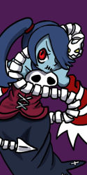 Rule 34 | blue hair, blue skin, colored skin, detached sleeves, hair over one eye, leviathan (skullgirls), monster girl, parasite, purple background, red eyes, simple background, skullgirls, squigly (skullgirls), stitches, yellow eyes, zombie