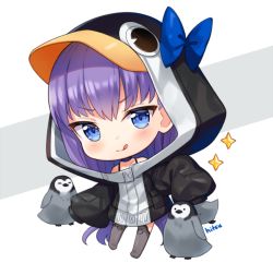 Rule 34 | 1girl, :q, animal, animal hood, artist name, bird, black jacket, blue bow, blue eyes, blush, bow, chibi, closed mouth, commentary, english commentary, fate/grand order, fate (series), full body, grey background, hitsukuya, hood, hood up, hooded jacket, jacket, long hair, long sleeves, looking at viewer, meltryllis, meltryllis (fate), meltryllis (swimsuit lancer) (fate), meltryllis (swimsuit lancer) (first ascension) (fate), penguin, penguin hood, puffy long sleeves, puffy sleeves, purple hair, signature, sleeves past fingers, sleeves past wrists, smile, solo, sparkle, tongue, tongue out, two-tone background, very long hair, white background