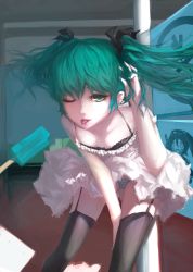 Rule 34 | 1girl, blackrabbitsoul, dress, food, garter straps, green eyes, green hair, hachune miku, hatsune miku, highres, leaning forward, matching hair/eyes, one eye closed, panties, popsicle, solo, spring onion, striped clothes, striped panties, thighhighs, tongue, twintails, underwear, vocaloid, wink