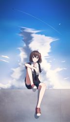 Rule 34 | 1girl, alternate costume, bad id, bad twitter id, black shirt, blush, bottle, brown hair, cloud, contrail, day, full body, grin, hair ornament, highres, holding, kantai collection, outdoors, rankebu, red footwear, sendai (kancolle), shirt, shoes, short sleeves, shorts, sitting, sky, smile, sneakers, solo, towel, towel around neck, two side up, unfinished, water bottle
