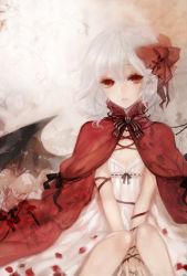 Rule 34 | 1girl, apt, bat wings, between legs, blood, bow, cape, dress, female focus, hair bow, hand between legs, knees together feet apart, petals, red eyes, remilia scarlet, ribbon, short hair, sitting, solo, thorns, touhou, white dress, white hair, wings