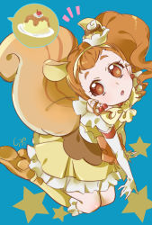 Rule 34 | 1girl, :o, animal ears, aqua background, arisugawa himari, ascot, boots, brown eyes, brown hair, cherry, cure custard, dress, earrings, elbow gloves, extra ears, food, food-themed hair ornament, frilled dress, frills, from above, fruit, full body, gloves, hair ornament, hairband, highres, jewelry, kirakira precure a la mode, knee boots, long hair, looking at viewer, looking up, lower teeth only, magical girl, open mouth, precure, pudding, raised eyebrows, seiza, shipu (gassyumaron), side ponytail, signature, simple background, sitting, solo, speech bubble, spoken food, squirrel ears, squirrel tail, star (symbol), star in eye, symbol in eye, tail, teeth, whipped cream, white gloves