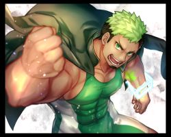 Rule 34 | 1boy, bara, bare arms, bare shoulders, black hair, bulge, covered abs, covered erect nipples, dark-skinned male, dark skin, facial hair, frown, goatee, gozu farm, green eyes, green hair, ikusaba daisuke, jacket, jacket on shoulders, large pectorals, looking at viewer, male focus, multicolored hair, muscular, pectorals, short hair, sideburns, skin tight, solo, taurus mask, thick thighs, thighs, tight clothes, tokyo houkago summoners, two-tone hair, upper body, wrestling outfit