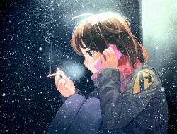 Rule 34 | 1girl, bad id, bad pixiv id, badge, brown eyes, brown hair, cellphone, cigarette, coat, crying, dark, denim, from side, holding, holding phone, jeans, kneehighs, light, long sleeves, looking away, monamin, original, pants, phone, profile, red eyes, red scarf, sad, scarf, sitting, smoke, smoking, snow, snowing, socks, solo, tears, winter clothes