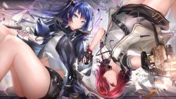 Rule 34 | 2girls, aqua eyes, arknights, black gloves, black jacket, black shorts, black skirt, blue hair, commentary, english commentary, exusiai (arknights), fingerless gloves, gloves, gun, halo, highres, holding, holding gun, holding hands, holding weapon, horns, jacket, kayjae, kriss vector, long hair, looking at viewer, mostima (arknights), multiple girls, navel, red hair, shirt, short hair, short shorts, short sleeves, shorts, skirt, submachine gun, thighs, upside-down, weapon, white shirt