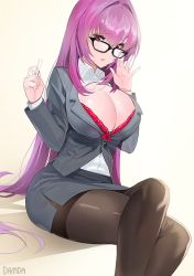 Rule 34 | 1girl, adjusting eyewear, alternate costume, artist name, bad id, bad twitter id, bespectacled, bra, breasts, chalk, cleavage, crossed legs, damda, dress shirt, fate/grand order, fate (series), formal, glasses, gradient background, hair intakes, lace, lace-trimmed bra, lace trim, large breasts, legs, long hair, long sleeves, looking at viewer, open clothes, open mouth, open shirt, pantyhose, pencil skirt, purple hair, red bra, red eyes, scathach (fate), shirt, side slit, sitting, skirt, skirt suit, solo, suit, teacher, thighband pantyhose, thighs, underwear