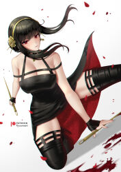 Rule 34 | 1girl, bare shoulders, black dress, black gloves, black thighhighs, blood, blood splatter, boots, breasts, cleavage, closed mouth, commentary request, dagger, dress, dual wielding, earrings, falling petals, fingerless gloves, floating hair, floral print, flower, gloves, gold earrings, gold hairband, hair flower, hair ornament, hairband, high heel boots, high heels, highres, holding, holding dagger, holding knife, holding weapon, jewelry, knife, large breasts, long hair, looking at viewer, patreon username, petals, pink nails, red dress, red eyes, rose, rose print, ryuuneart, short hair with long locks, sidelocks, sleeveless, sleeveless dress, solo, spy x family, swept bangs, thigh boots, thighhighs, thighs, two-sided dress, two-sided fabric, two-tone dress, weapon, yor briar
