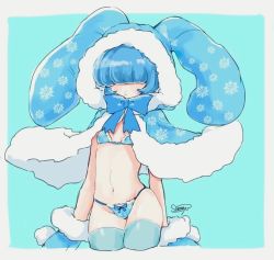 Rule 34 | 1girl, acedia (otoca d&#039;or), acedia (otoca doll), amatou (uot ama), animal ears, animal hood, bad id, bad pixiv id, blue background, blue bow, blue bra, blue gloves, blue hair, blue panties, blue theme, blue thighhighs, border, bow, bra, capelet, cowboy shot, expressionless, gloves, hair over eyes, hood, mittens, otoca d&#039;or, outside border, panties, print bra, print panties, rabbit ears, short hair, signature, simple background, snowflake print, solo, thighhighs, underwear, underwear only