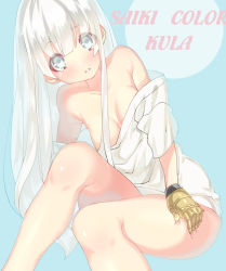 Rule 34 | 1girl, alternate costume, alternate hair color, bad id, bad pixiv id, blue eyes, blush, breasts, character name, cleavage, gloves, grey eyes, hohehohe, kula diamond, long hair, looking at viewer, shirt, simple background, solo, t-shirt, the king of fighters, white hair