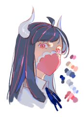 Rule 34 | 1girl, ahoge, blue hair, collared shirt, covered mouth, curled horns, dinosaur girl, horns, jewelry, long hair, looking at viewer, mask, mouth mask, multicolored hair, necklace, one piece, pink eyes, pink hair, pink mask, raine (acke2445), shirt, solo, streaked hair, ulti (one piece), white background, white shirt
