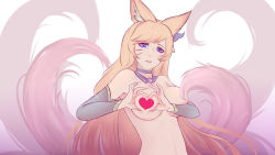 Rule 34 | 1girl, ahri (league of legends), animal ears, blurry, breasts, covering nipples, covering privates, depth of field, detached sleeves, facial mark, fox ears, fox girl, fox tail, half-closed eyes, heart-shaped boob challenge, league of legends, long hair, looking at viewer, magical girl, navel, orange hair, parted lips, poke (610366737), purple eyes, simple background, solo, star guardian (league of legends), star guardian ahri, tail, topless, very long hair, whisker markings, white background