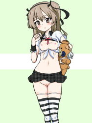 Rule 34 | 1girl, absurdres, blush, boko (girls und panzer), breasts, brown eyes, brown hair, cleavage, cleft of venus, girls und panzer, highres, holding, holding stuffed toy, long hair, looking at viewer, misakichi (fechisupi777), navel, nipples, open mouth, panties, pussy, shimada arisu, small breasts, smile, solo, striped clothes, striped thighhighs, stuffed toy, thighhighs, underwear, white panties