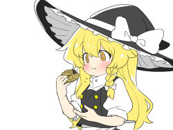 black_hat black_vest blonde_hair blush bow braid doughnut eating food frilled_hat frills hair_bow hat hat_bow highres holding holding_food kirisame_marisa kumanou22 shirt side_braid single_braid touhou turtleneck vest white_bow white_shirt witch_hat yellow_eyes