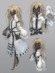 Rule 34 | 1girl, belt, belt pouch, black belt, black sclera, black skin, blonde hair, character sheet, coat, colored sclera, colored skin, commentary, covered mouth, cross-laced clothes, cross-laced sleeves, hair between eyes, hand up, high collar, highres, kajaneko, long hair, long sleeves, looking at viewer, looking to the side, open mouth, original, pouch, sandals, sharp teeth, sleeve garter, sleeves past fingers, sleeves past wrists, slit pupils, smile, teeth, very long hair, white coat, wide sleeves, yellow eyes, zipper, zipper pull tab