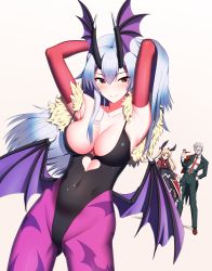 Rule 34 | 1boy, 2girls, animal print, armpits, arms behind head, arms up, bare shoulders, bat print, black dress, black leotard, blazblue, blonde hair, blush, breasts, cleavage, closed mouth, clothing cutout, collarbone, cosplay, covered navel, demon girl, dress, ereshkigal (fate), fate/grand order, fate (series), formal, guilty gear, hair between eyes, head wings, heart cutout, highleg, highleg leotard, highres, horns, james moriarty (archer) (fate), kuroshiro (ms-2420), large breasts, leotard, long hair, looking at viewer, monocle, morrigan aensland, morrigan aensland (cosplay), multiple girls, oni horns, pantyhose, print legwear, purple legwear, rachel alucard, rachel alucard (cosplay), red eyes, silver hair, simple background, slayer (guilty gear), slayer (guilty gear) (cosplay), smile, smoking pipe, solo focus, suit, thighs, tomoe gozen (fate), vampire (game), white background, wings