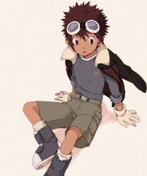 Rule 34 | 1boy, black eyes, blue shirt, boots, brown hair, digimon, digimon adventure 02, gdn0522, gloves, goggles, goggles on head, green shorts, highres, jacket, jacket on shoulders, male focus, motomiya daisuke, parted lips, shirt, shorts, signature, simple background, sitting, solo, spiked hair, white gloves