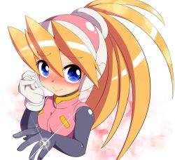 Rule 34 | 1girl, bad id, bad pixiv id, blonde hair, blue eyes, blush, bodystocking, breasts, capcom, ciel (mega man), commentary request, gloves, hair between eyes, headgear, inti creates, jewelry, long hair, looking at viewer, looking to the side, mega man (series), mega man zero (series), ponytail, ring, semikichi, small breasts, smile, solo, upper body, white gloves