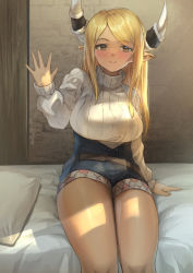 Rule 34 | 1girl, blonde hair, blush, denim, denim shorts, draph, granblue fantasy, highres, horn ornament, horn warmers, horns, kumbhira (granblue fantasy), long hair, on bed, pepeo, pillow, pointy ears, ribbed sweater, short shorts, shorts, sitting, smile, solo, sweater, thighs, turtleneck, turtleneck sweater, vest, waving, white sweater, yellow eyes