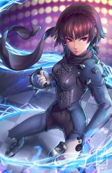 Rule 34 | 10s, 1girl, artist name, aura, blurry, brown hair, covered navel, depth of field, fighting stance, gloves, kaijuicery, looking at viewer, niijima makoto, persona, persona 5, red eyes, scarf, serious, short hair, shoulder spikes, solo, spiked knuckles, spikes