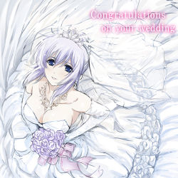 Rule 34 | 1girl, blue eyes, blush, bouquet, breasts, bridal veil, cleavage, congratulations, cryska barchenowa, dress, elbow gloves, english text, flower, gloves, good end, jewelry, large breasts, light purple hair, muv-luv, muv-luv alternative, muv-luv total eclipse, nabatame hitomi, necklace, voice actor connection, solo, tiara, veil, wedding dress
