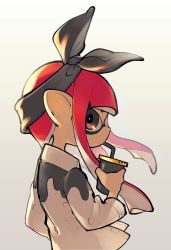 Rule 34 | 1girl, bandana, black bandana, black eyes, cup, drink, drinking straw, drinking straw in mouth, gradient background, highres, holding, holding cup, inari1369, inkling, inkling girl, inkling player character, long hair, long sleeves, nintendo, red hair, solo, splatoon (series), tentacle hair
