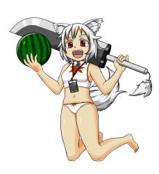 Rule 34 | 1girl, animal ears, ball, barefoot, beachball, cellphone, colored eyelashes, full body, inubashiri momiji, marisa to alice no cookie storia, navel, open mouth, over shoulder, phone, red eyes, short hair, silver hair, smartphone, solo, swimsuit, sword, sword over shoulder, tail, takenoko lv9, touhou, transparent background, watermelon beachball, weapon, weapon over shoulder, colored eyelashes