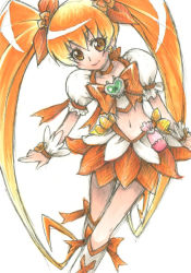 Rule 34 | 10s, 1girl, blonde hair, boots, bow, brooch, cure sunshine, dress, heart, heart brooch, heartcatch precure!, jewelry, knee boots, long hair, magical girl, midriff, myoudouin itsuki, navel, orange bow, precure, smile, solo, twintails, white background, wrist cuffs, yellow eyes, yuizawa