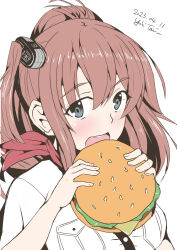 Rule 34 | 1girl, artist name, battle effectiveness award, breast pocket, brown hair, burger, dated, dress, eating, food, grey eyes, hair between eyes, highres, kantai collection, looking at viewer, neckerchief, open mouth, pocket, red neckerchief, saratoga (kancolle), sidelocks, simple background, smokestack hair ornament, solo, taira yuuki, upper body, white background, white dress