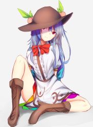 Rule 34 | 1girl, arms behind back, blue hair, boots, bow, bowtie, breasts, brown footwear, brown hat, closed mouth, food, fruit, grey background, hat, head tilt, highres, hinanawi tenshi, knee up, long hair, looking at viewer, medium breasts, peach, puffy sleeves, red bow, red bowtie, red eyes, satou rin (gobugabuge), simple background, sitting, smile, solo, touhou