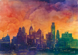 Rule 34 | artworksmil, building, city, new york, no humans, orange sky, original, painting (medium), scenery, signature, simple background, sky, skyscraper, sunset, traditional media