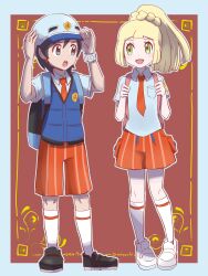 Rule 34 | 1boy, 1girl, black footwear, blonde hair, border, collared shirt, creatures (company), elio (pokemon), game freak, green eyes, high ponytail, highres, lillie (pokemon), naranja academy school uniform, necktie, nintendo, orange necktie, orange shorts, outside border, pokemon, pokemon sm, pokemon sv, red background, school uniform, shirt, shoes, shorts, socks, te1nachi, teeth, upper teeth only, white border, white footwear, white shirt, white socks