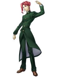 Rule 34 | 1boy, arm up, brown footwear, buttons, cherry earrings, closed mouth, coat, earrings, food-themed earrings, food themed earrings, full body, green coat, green pants, highres, jewelry, jojo no kimyou na bouken, kakyoin noriaki, kotatsu (g-rough), long sleeves, looking at viewer, male focus, narrow waist, pants, red eyes, red hair, smile, solo, transparent background