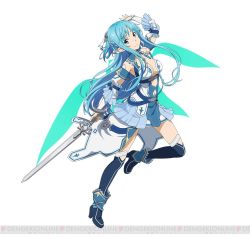 Rule 34 | 10s, 1girl, asuna (sao), asuna (sao-alo), black thighhighs, blue eyes, blue hair, blue thighhighs, boots, breasts, cleavage, detached sleeves, full body, hair ornament, holding, holding sword, holding weapon, long hair, looking at viewer, matching hair/eyes, medium breasts, pink hair, pointy ears, purple eyes, simple background, smile, solo, sword, sword art online, sword art online: code register, thigh boots, thighhighs, twintails, watermark, weapon, white background