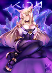 Rule 34 | 1girl, ahri (league of legends), animal ears, bare shoulders, blonde hair, bracelet, breasts, choker, cleavage, facial mark, fox ears, fox tail, full body, gainoob, heart, idol, jewelry, k/da (league of legends), k/da ahri, large breasts, league of legends, long hair, looking at viewer, makeup, multiple tails, parted lips, sitting, smile, solo, tail, thighhighs, whisker markings, yellow eyes