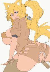 Rule 34 | 1girl, animal ears, anus, artist name, ass, back, blonde hair, bra, breasts, delux drawings, eyelashes, hair between eyes, hair ornament, huge ass, huge breasts, jacket, long hair, looking at viewer, looking back, military, military jacket, military uniform, nipples visible through clothes, object insertion, on floor, original, pants, ponytail, pussy, seductive smile, shirt, short shorts, shorts, sideboob, signature, simple background, smile, solo, tail, thick thighs, thighhighs, thighs, tight clothes, tight shirt, torn clothes, torn pants, undershirt, underwear, uniform, vaginal, vaginal object insertion, whale tail (clothing), white background, wolf ears, wolf girl, wolf tail